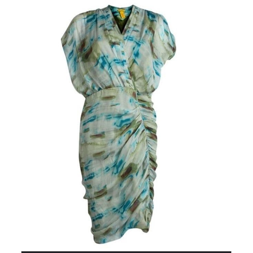 Stunning  Catherine Malandrino Silk Dress Watercolor Aqua Blouson Ruched 6 8‎